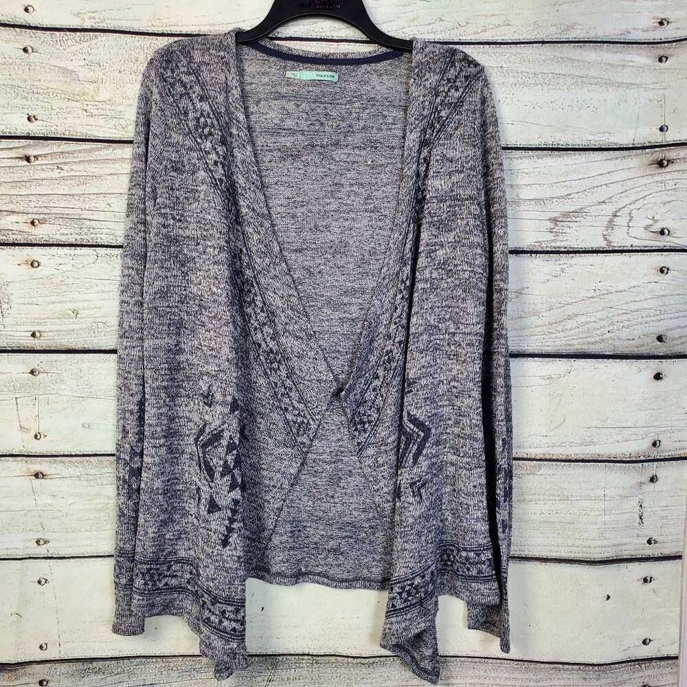 Maurices Women’s Open Front Cardigan Sweater Gray Aztec Pattern Drape Hem L